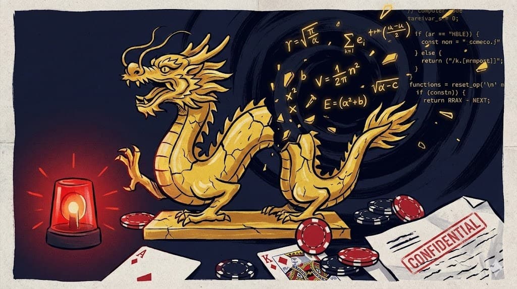 Golden dragon cracking apart with math formulas escaping, representing stolen slot algorithms