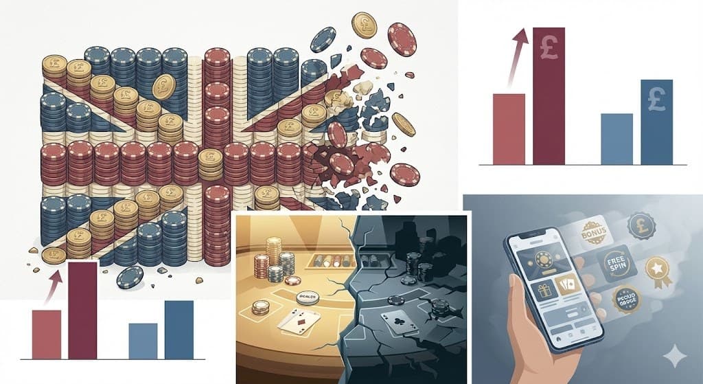 UK flag made of casino chips with coins falling away