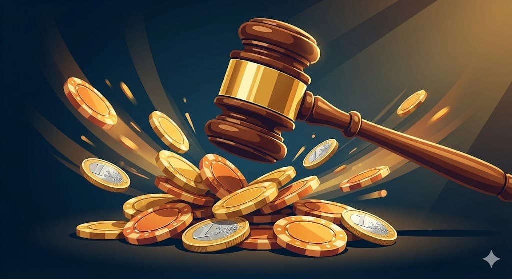 Gavel striking casino chips with euro coins scattering — regulatory penalty concept